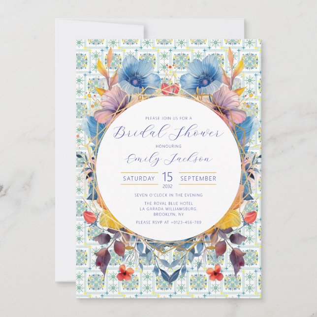 Invitation Elégant carrelage marocain Floral Bleu (Devant)