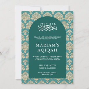 Invitation Élégant carton Aqiqah Damassé sarcelle Arc Arabe