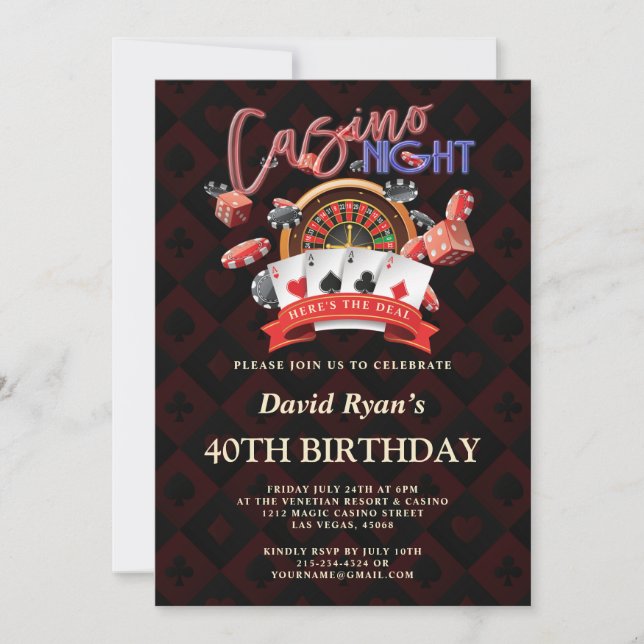 Invitation Elégant Casino Night Vegas 40e anniversaire fête (Devant)