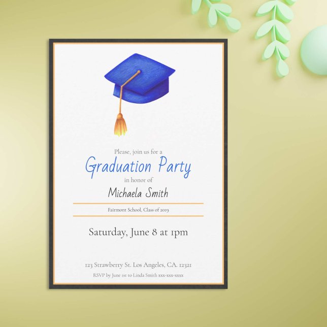 Invitation Élégant Casquette de graduation bleu marine simple (Créateur téléchargé)
