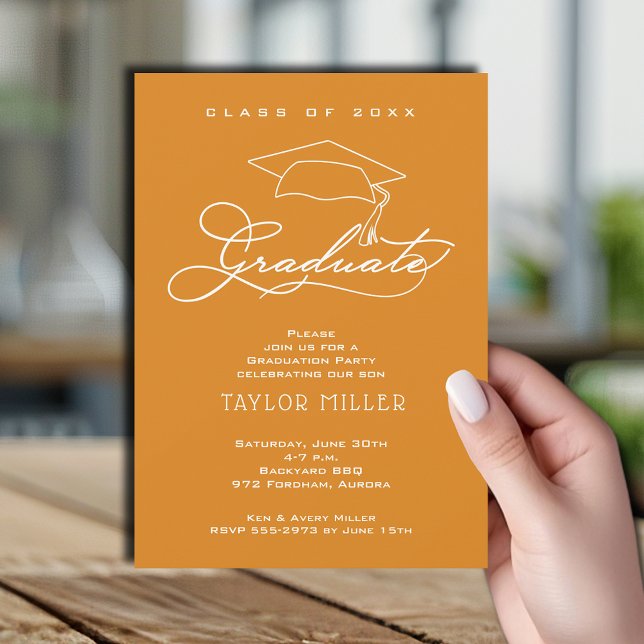 Invitation Élégant Casquette Grad Light Orange Graduation (Elegant white script and grad hat light orange graduation party invitations)