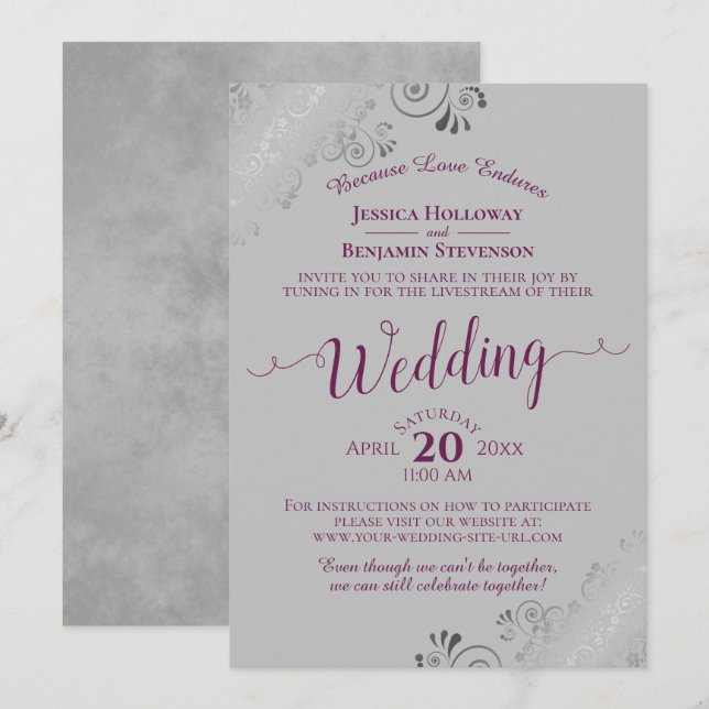 Invitation Elégant Cassis violet sur Gris Mariage Livestream (Devant / Derrière)