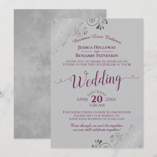Invitation Elégant Cassis violet sur Gris Mariage Livestream