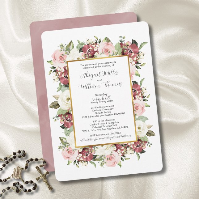 Invitation Élégant catholique Mauve Pink Florals Mariage (Créateur téléchargé)