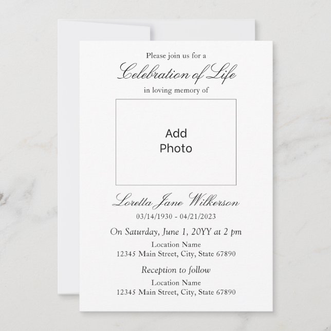 Invitation Elégant Célébration de la Vie Ajouter photo (Devant)
