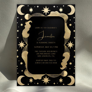 Invitation Elégant Celestial Black & Gold Stars 30e anniversa