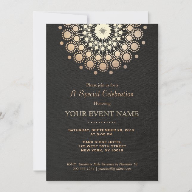 Invitation Elégant Cercle d'or Motif Linge noir Look Formel (Devant)