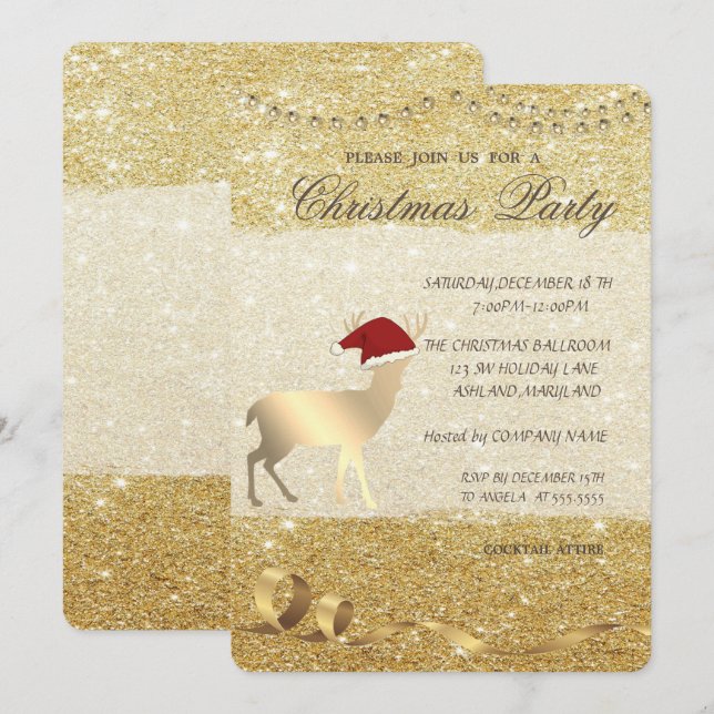 Invitation Elégant cerf de Noël, Glitterie, Fête de Noël (Devant / Derrière)