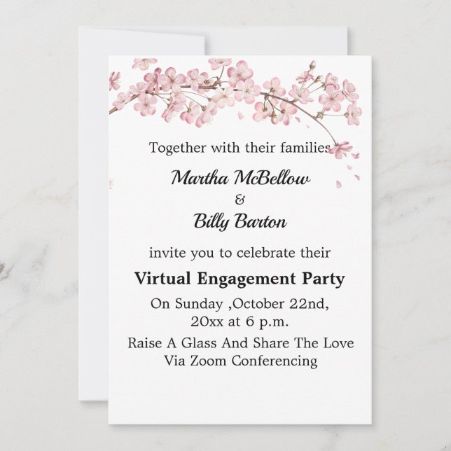 Invitation Élégant Cerry Blossom Virtual Engagement Party (Devant)