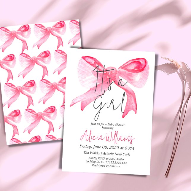 Invitation Elégant C'est une fille Ribbon Baby shower Bow ros (Créateur téléchargé)