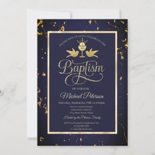 Invitation Élégant Chalice d'or Marine Baptême bleu