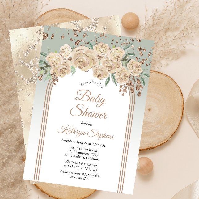 Invitation Élégant Champagne | Baby shower floral de Sage (Elegant Champagne Roses and Sage Green Floral with Faux Rose Gold Glitter Baby Shower Invitation)