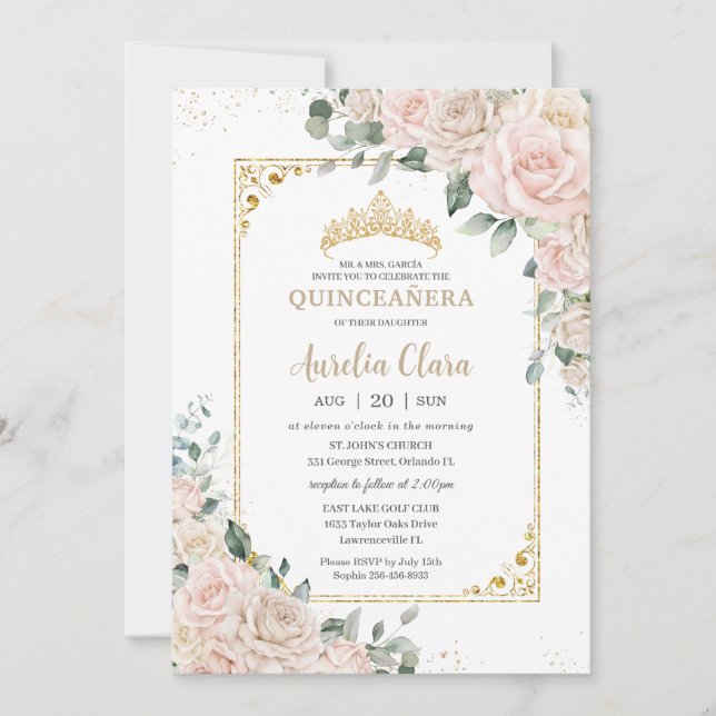 Invitation Elégant Champagne Blush ivoire Floral Quinceañera (Devant)