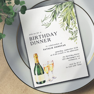 Invitation Élégant Champagne Botanique Adulte Dîner D'Anniver