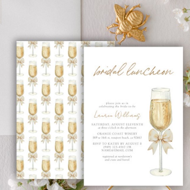 Invitation Élégant Champagne Chic Bow Script Bridal Déjeuner (Créateur téléchargé)