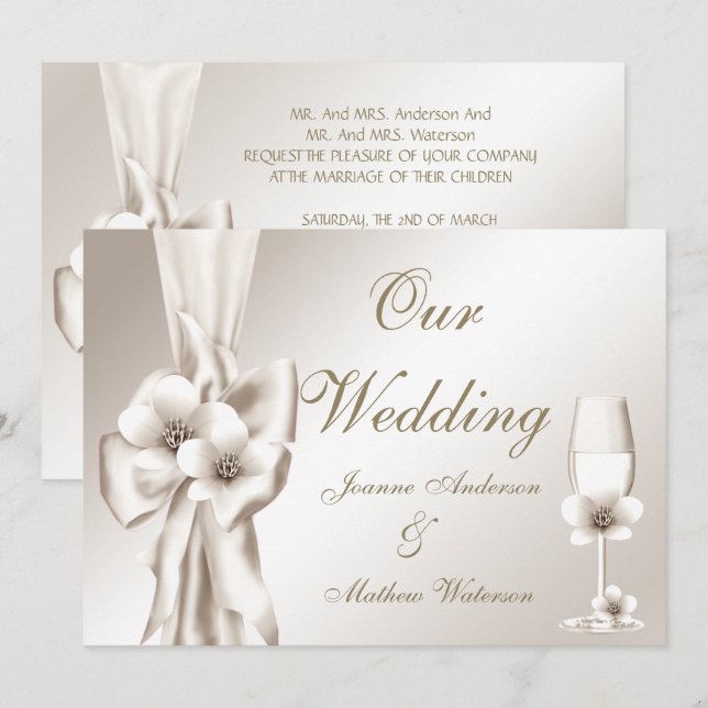 Invitation Elégant Champagne de Mariage Floral Cream Bow (Devant / Derrière)