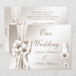 Invitation Elégant Champagne de Mariage Floral Cream Bow