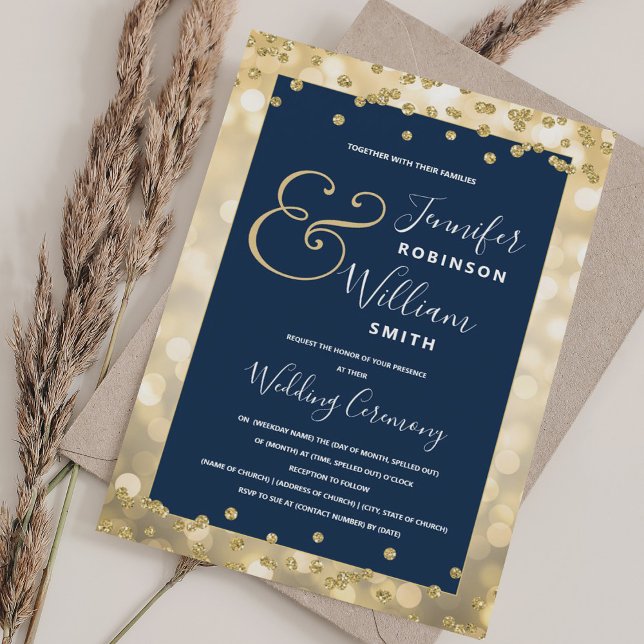 Invitation Elégant Champagne d'or Mariage bleu marine (Elegant Gold Champagne Navy Blue Wedding Invitation)