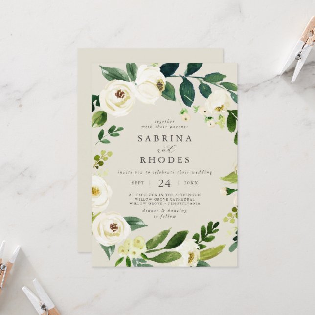 Invitation Elégant Champagne Floral Blanc Mariage avant arriè (Devant/Arrière en situation)