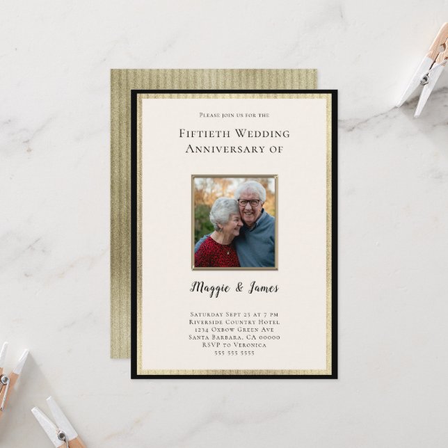 Invitation Elégant Champagne Gold 50th Anniversary Photo (Devant/Arrière en situation)