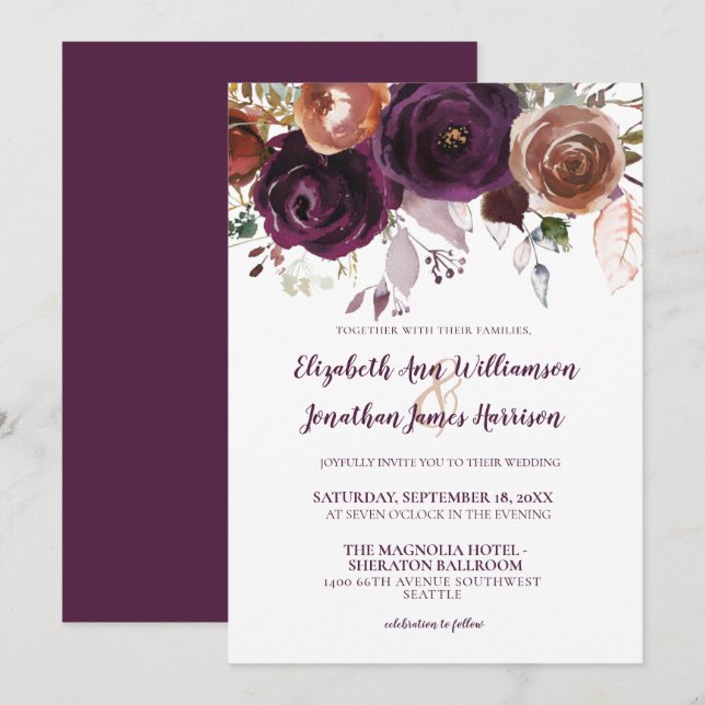Invitation Élégant Champagne violet automne Mariage floral (Devant / Derrière)