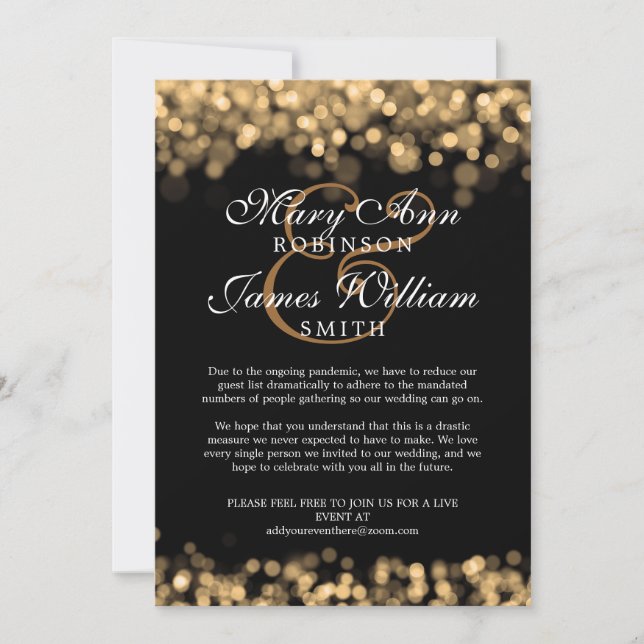 Invitation Élégant Changement Réduit Mariage Lumières Or (Devant)