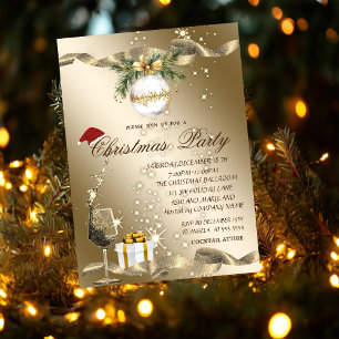 Invitation Élégant, chapeau de Père Noël, verre, boule de Noë