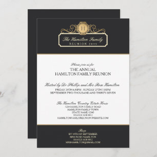 Invitation Elégant Charcoal Gold Monogramme Famille Réunion
