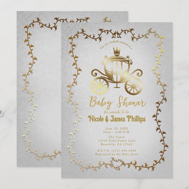 Invitation Elégant chariot or Livre blanc Baby shower (Devant / Derrière)