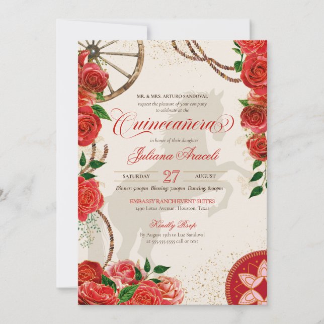 Invitation Élégant Charro Red Roses Ranch occidental Quincean (Devant)