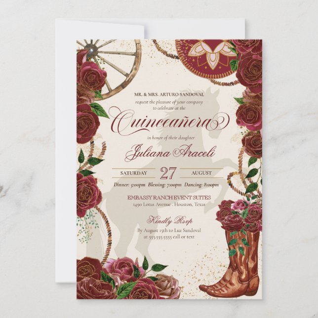 Invitation Élégant Charro Rose de Bourgogne Bottes Quinceaner (Devant)