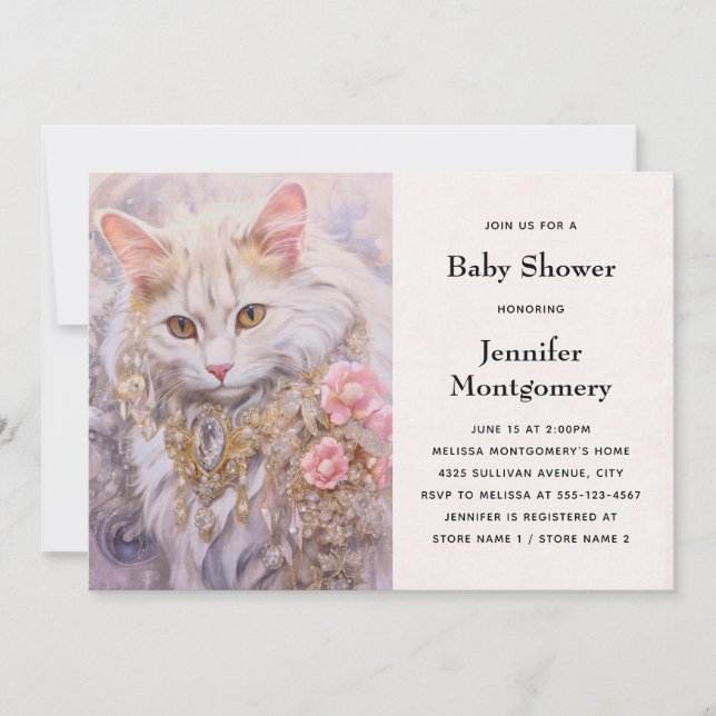 Invitation Élégant chat blanc en Baby shower or et diamant (Devant)