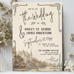 Invitation Élégant Château Français Main Tirée Mariage beige