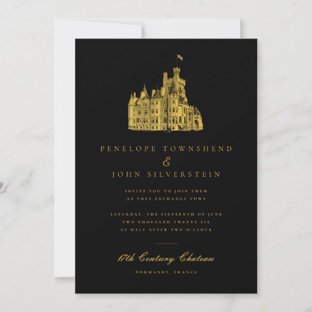 Invitation Elégant Château Illustration Mariage d'or noir (Devant)