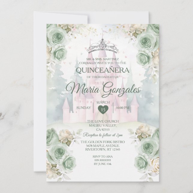 Invitation Elégant Château Sage Green Princesse Quinceañera (Devant)