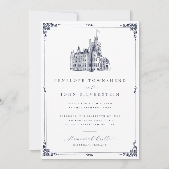 Invitation Elégant Château Vintage Illustration Mariage front (Devant)