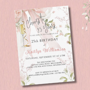 Invitation Elegant Cheers pour 25 Ans Ruban Rose Floral 