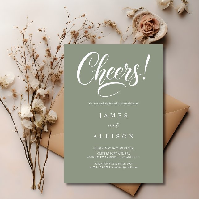 Invitation Elegant Cheers Script Sage Green Wedding  (Créateur téléchargé)