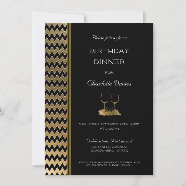 Invitation Elégant Chevron Black Gold rayé Anniversaire Dîner (Devant)