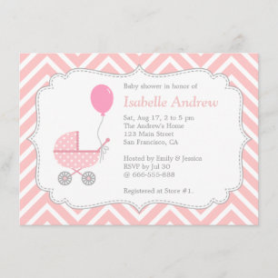 Invitation Elégant, Chevron, Pram rose, Baby shower féminin