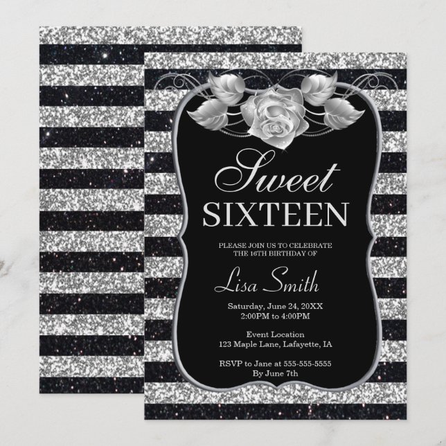 Invitation Elégant Chic Black Argent Parties scintillant Rose (Devant / Derrière)