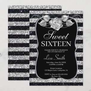 Invitation Elégant Chic Black Argent Parties scintillant Rose