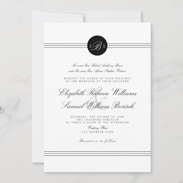 Invitation Elégant Chic Black Blanc Monogramme Mariage Invita (Devant)