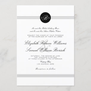 Invitation Elégant Chic Black Blanc Monogramme Mariage Invita