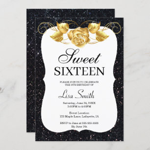 Invitation Élégant Chic Black Parties scintillant Gold Rose S