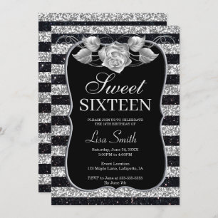 Invitation Élégant Chic Black Silver Parties scintillant Rose