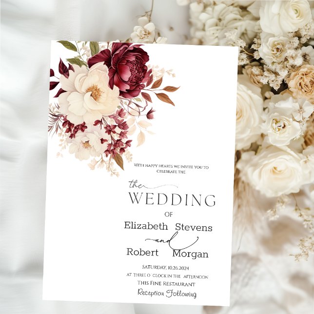 Invitation Élégant Chic Bourgogne Blanc Fleurs Mariage (Créateur téléchargé)