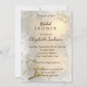 Invitation Élégant Chic Cœurs Dorés, Fête de Mariage Oiseaux