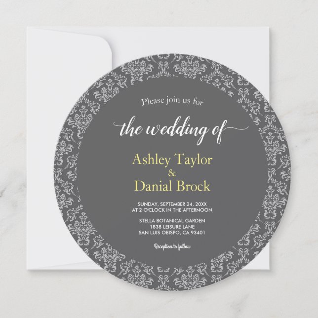 Invitation Élégant Chic Damask Art Déco Gris Mariage formel (Devant)