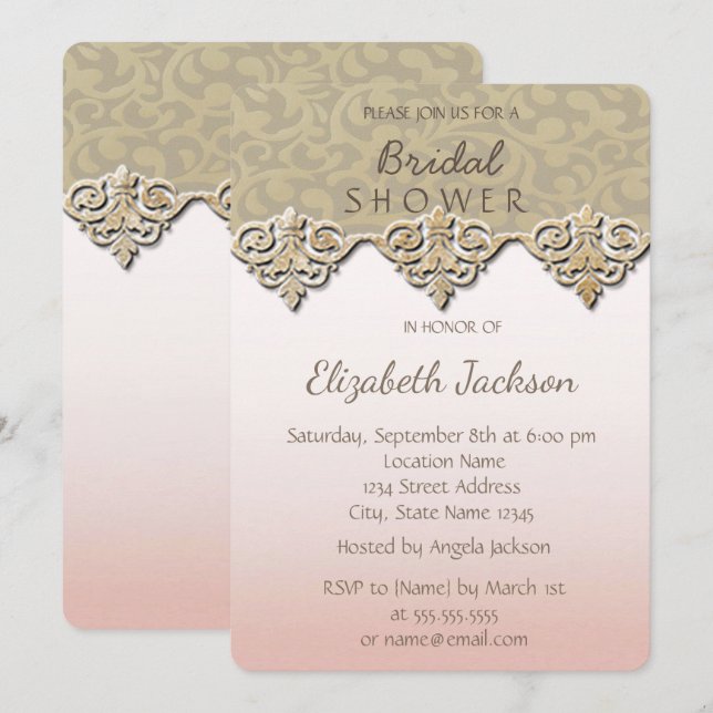 Invitation Elegant Chic Damask Fête des mariées (Devant / Derrière)